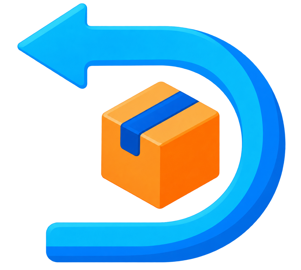 A stylized blue curved arrow pointing left around an orange cube package with a blue stripe, on a black background.